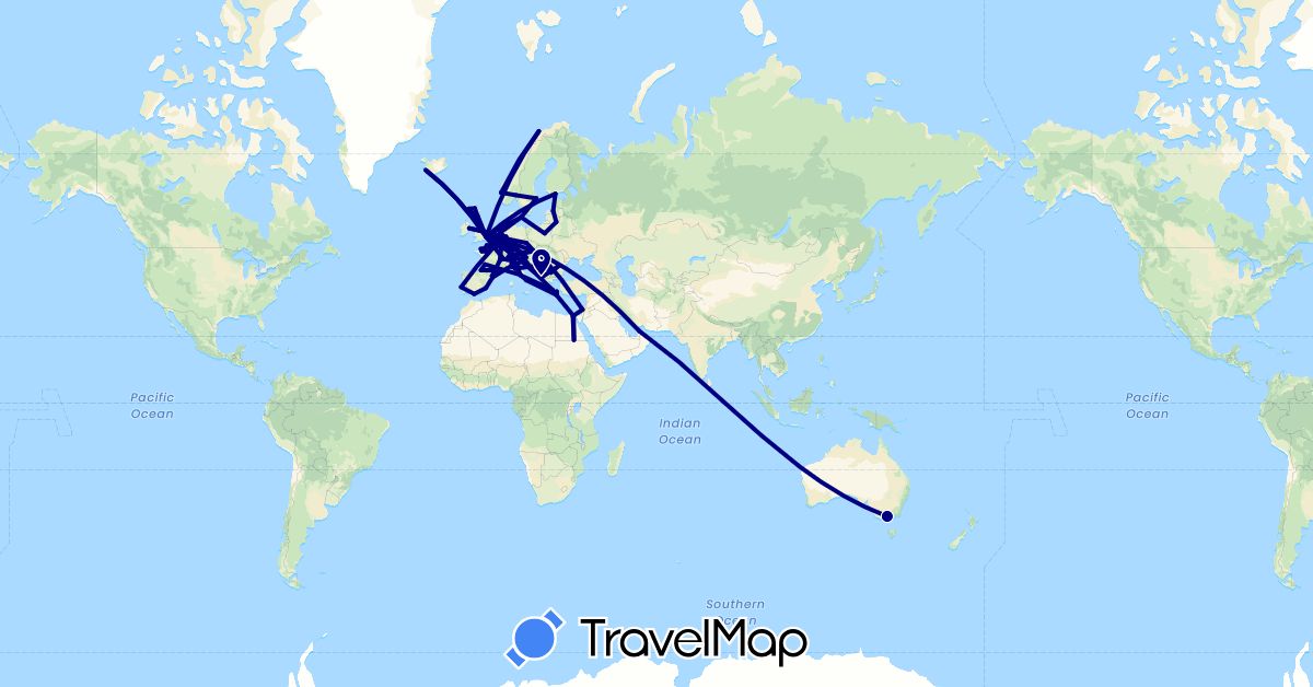 TravelMap itinerary: driving in United Arab Emirates, Albania, Austria, Australia, Belgium, Bulgaria, Switzerland, Czech Republic, Germany, Denmark, Estonia, Egypt, Spain, Finland, France, United Kingdom, Greece, Croatia, Hungary, Ireland, Israel, Iceland, Italy, Lithuania, Luxembourg, Latvia, Monaco, Montenegro, Netherlands, Norway, Poland, Portugal, Romania, Serbia, Sweden, Slovenia, Slovakia (Africa, Asia, Europe, Oceania)